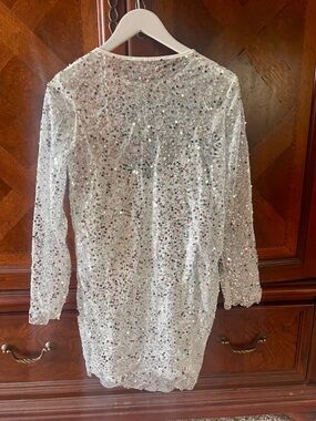 White Sequin Long Sleeve Shift Dress